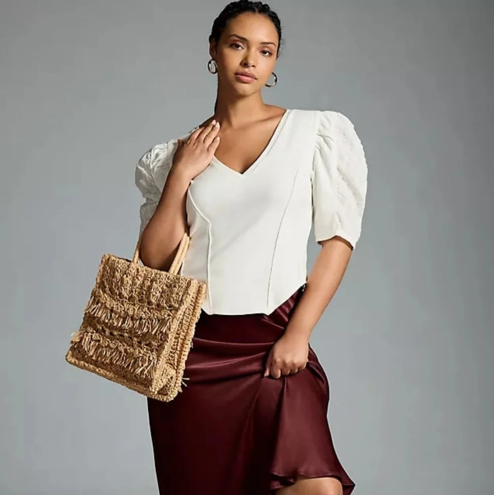 By Anthropologie Puff-Sleeve Structured V-Neck Tee Blouse Top in White Size LG